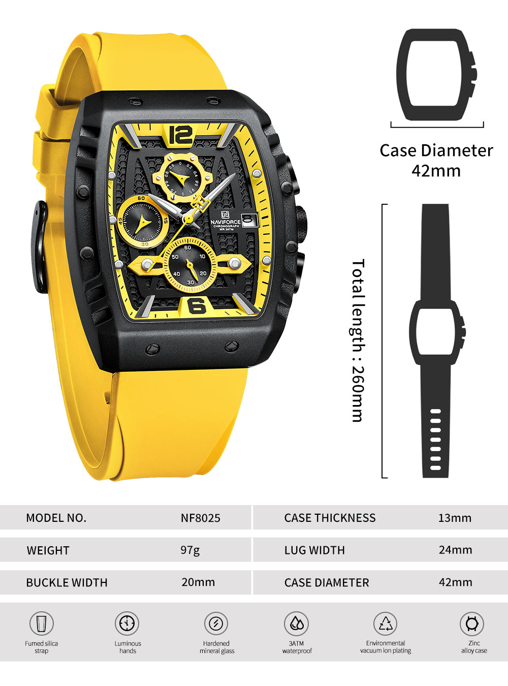 NAVIFORCE 8025 Colorful Square Case Chronograph Sport Watch