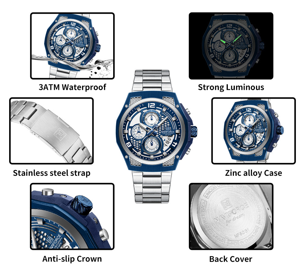 Naviforce 8051S Men’s Stainless Steel Honeycomb Design