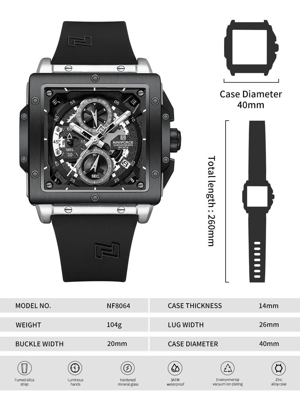 Naviforce 8064 Square Chronograph Men Watch