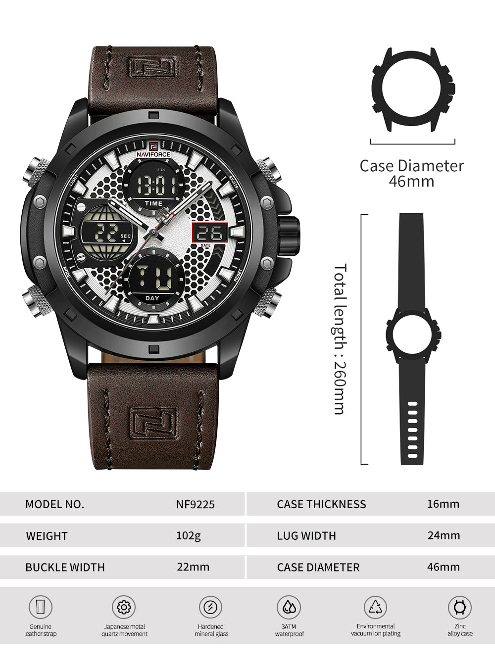 NNaviforce 9225  Men’s Multi-Function Genuine Leather Watch